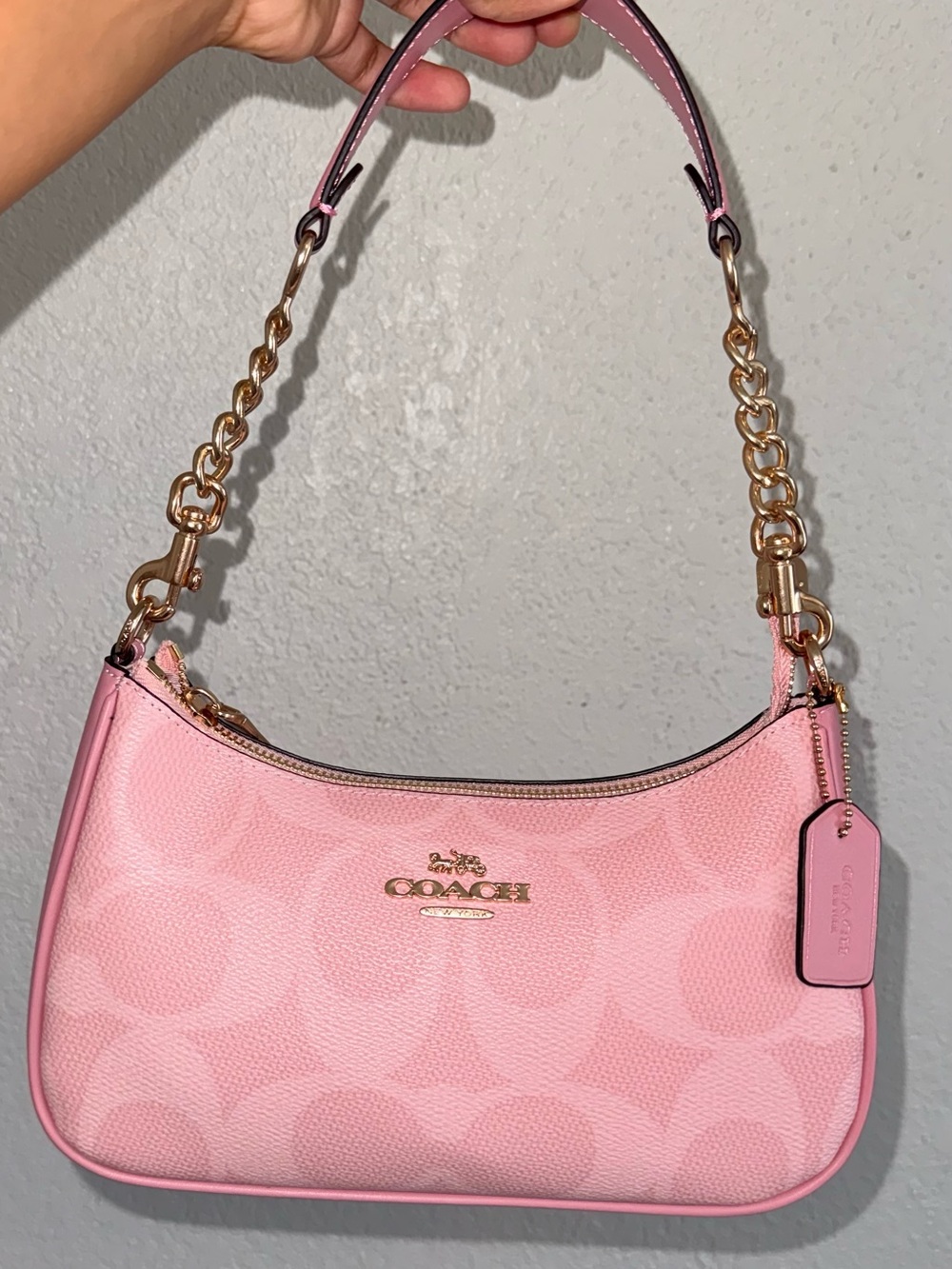 Coach Pink Signature Logo Teri Shoulder Bag with Gold Chain